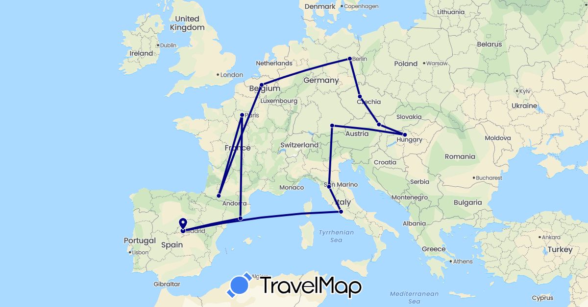 TravelMap itinerary: driving in Austria, Belgium, Czech Republic, Germany, Spain, France, Hungary, Italy (Europe)